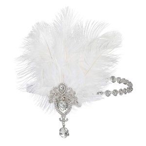 SWEETV 1920s Ivory Ostrich Feather Headpiece - Ribbon Tie